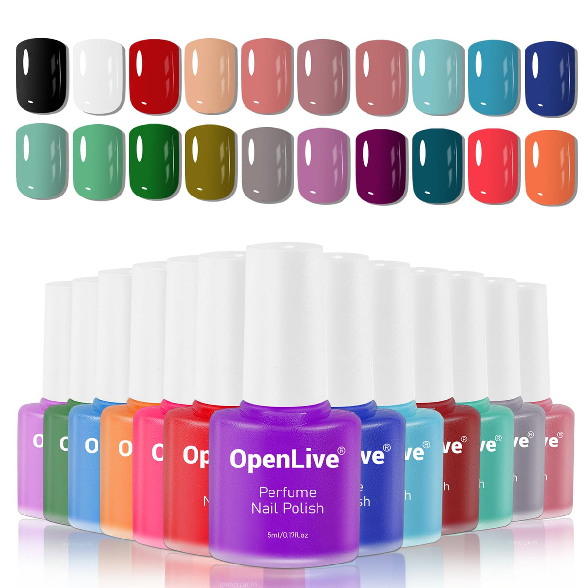 OpenLive front packaging showing 20 color bottles and included perfume scent benefits