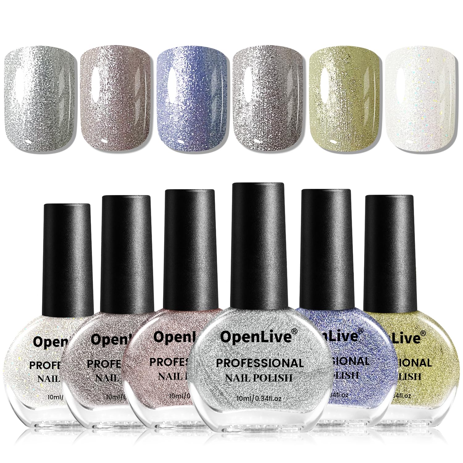 OpenLive front view of six glitter polish bottles showing variety and convenience