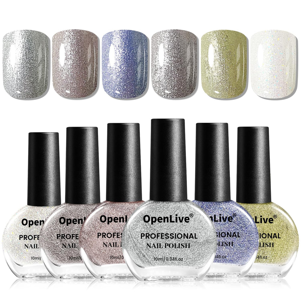 OpenLive front view of six glitter polish bottles showing variety and convenience