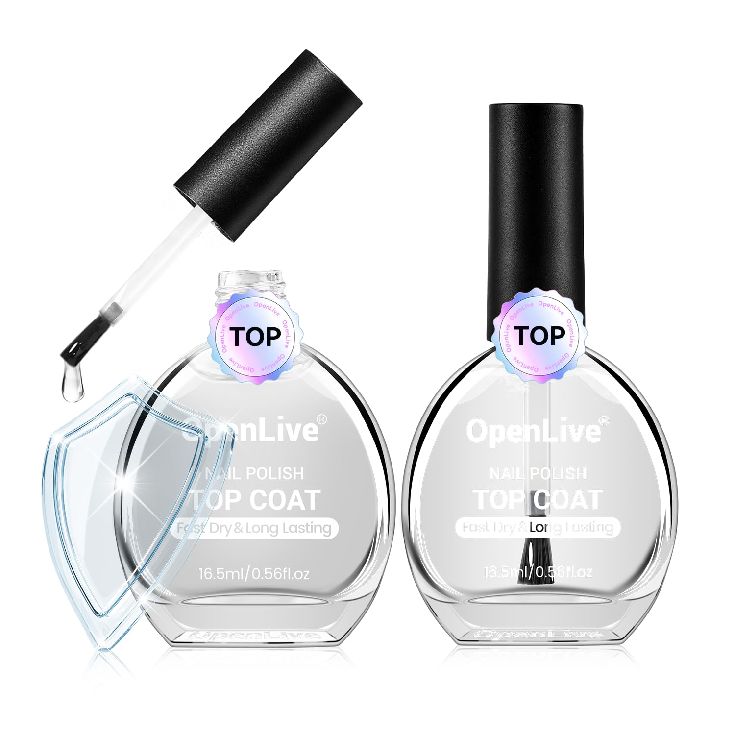OpenLive front packaging showing two clear top coat bottles and quick-dry benefit