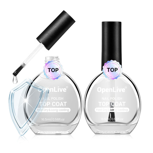 OpenLive front packaging showing two clear top coat bottles and quick-dry benefit