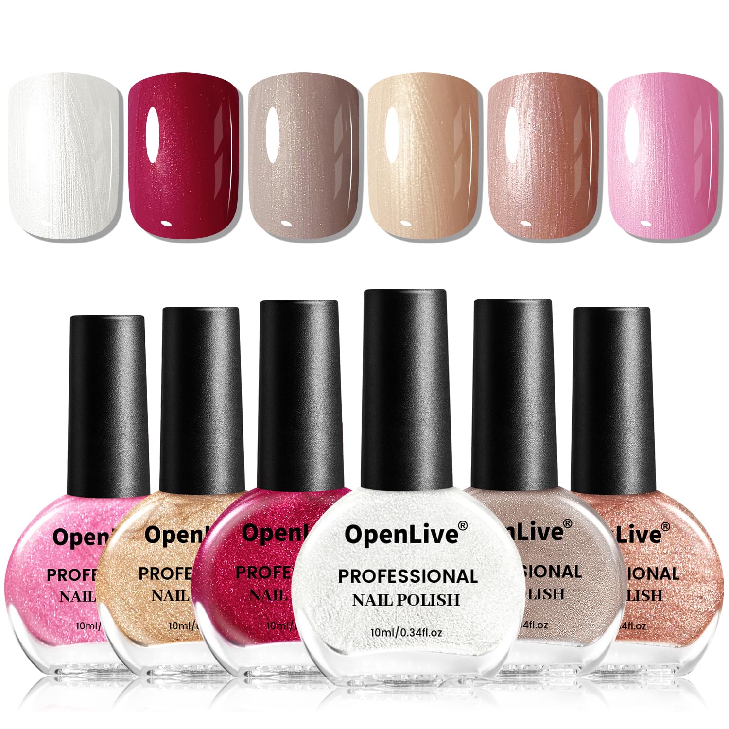 OpenLive front packaging showing six glitter nail polish bottles and vibrant colors benefit quick selection