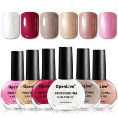 OpenLive front packaging showing six glitter nail polish bottles and vibrant colors benefit quick selection