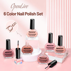OpenLive lifestyle tabletop scene with polishes and tools for effortless DIY manicures