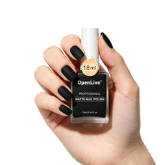 OpenLive front bottle matte black polish showing clean packaging and volume benefit