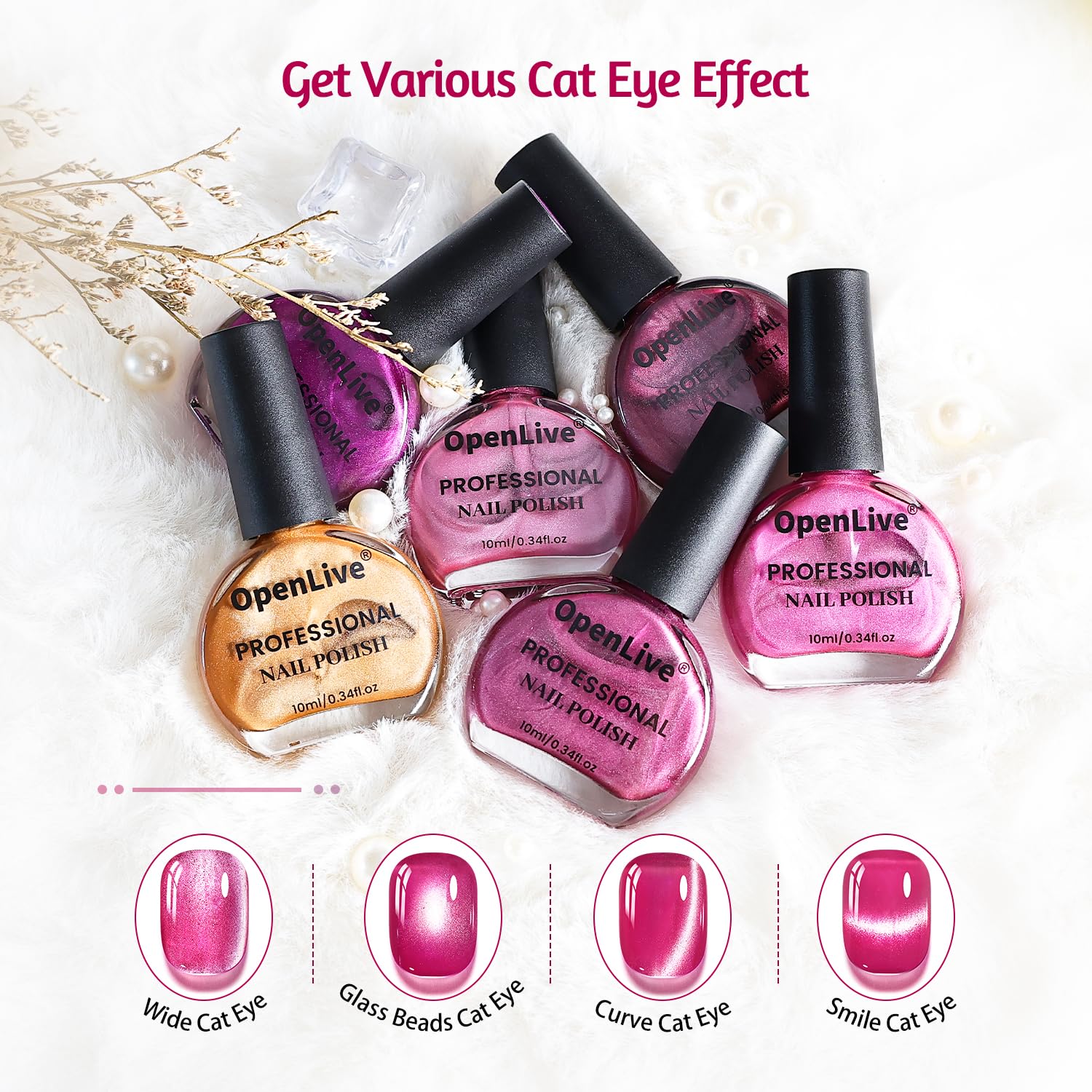 OpenLive nails in use with magentic stripe effect showing dramatic reflective finish