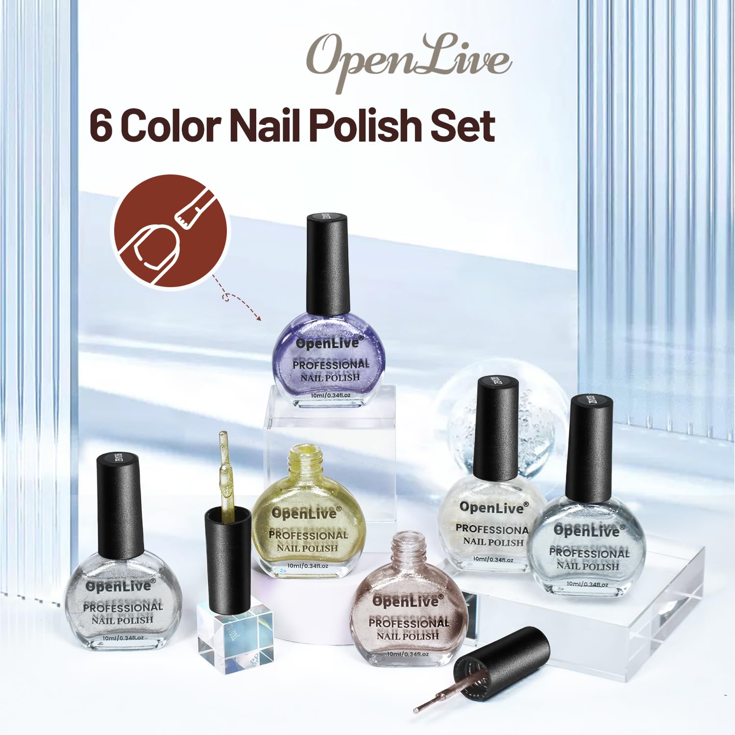 OpenLive swatch row of six neutral glitter shades showing color options