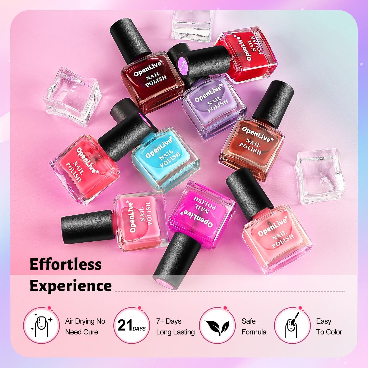 OpenLive swatches painted on fingernails demonstrating buildable shine and color depth
