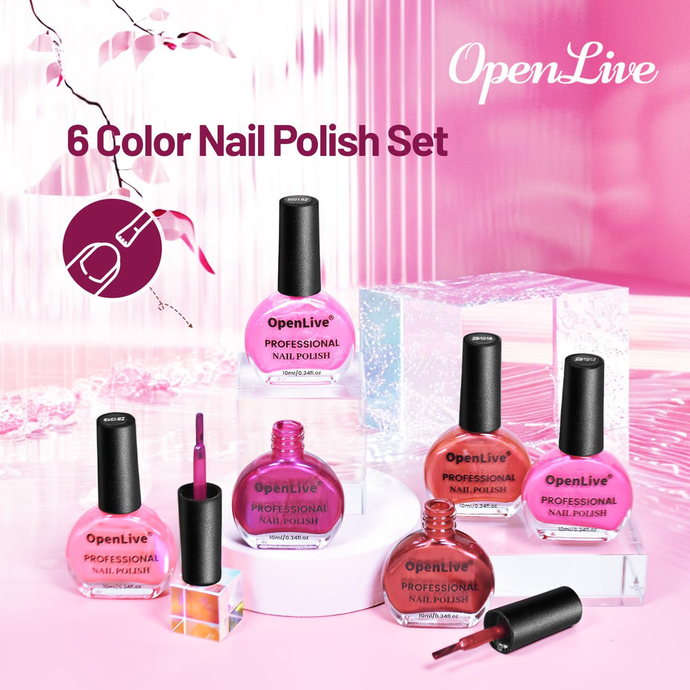 OpenLive swatch palette on fingers demonstrating six glitter shades for inspiration