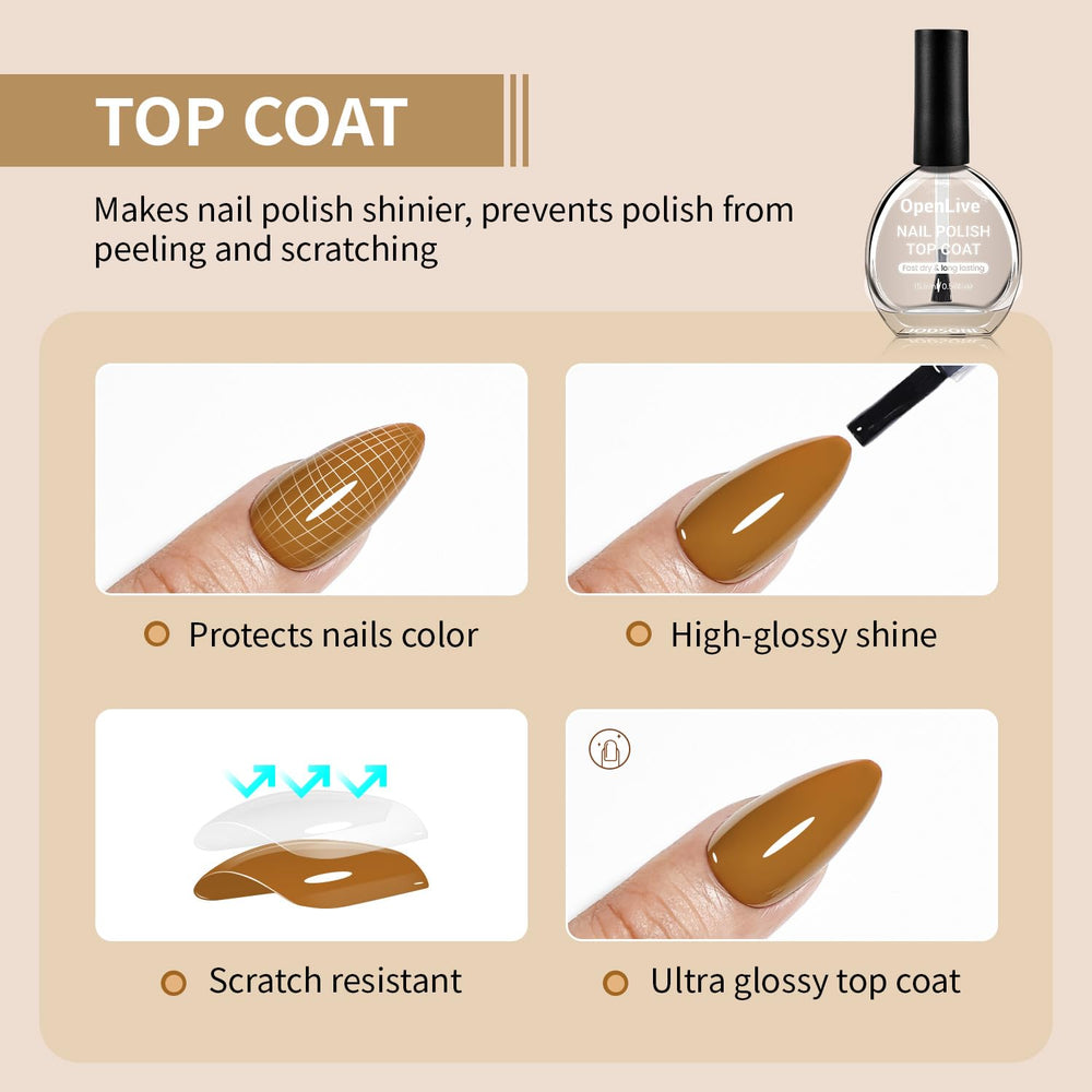 OpenLive top coat on nails showing high-gloss shine and chip resistance