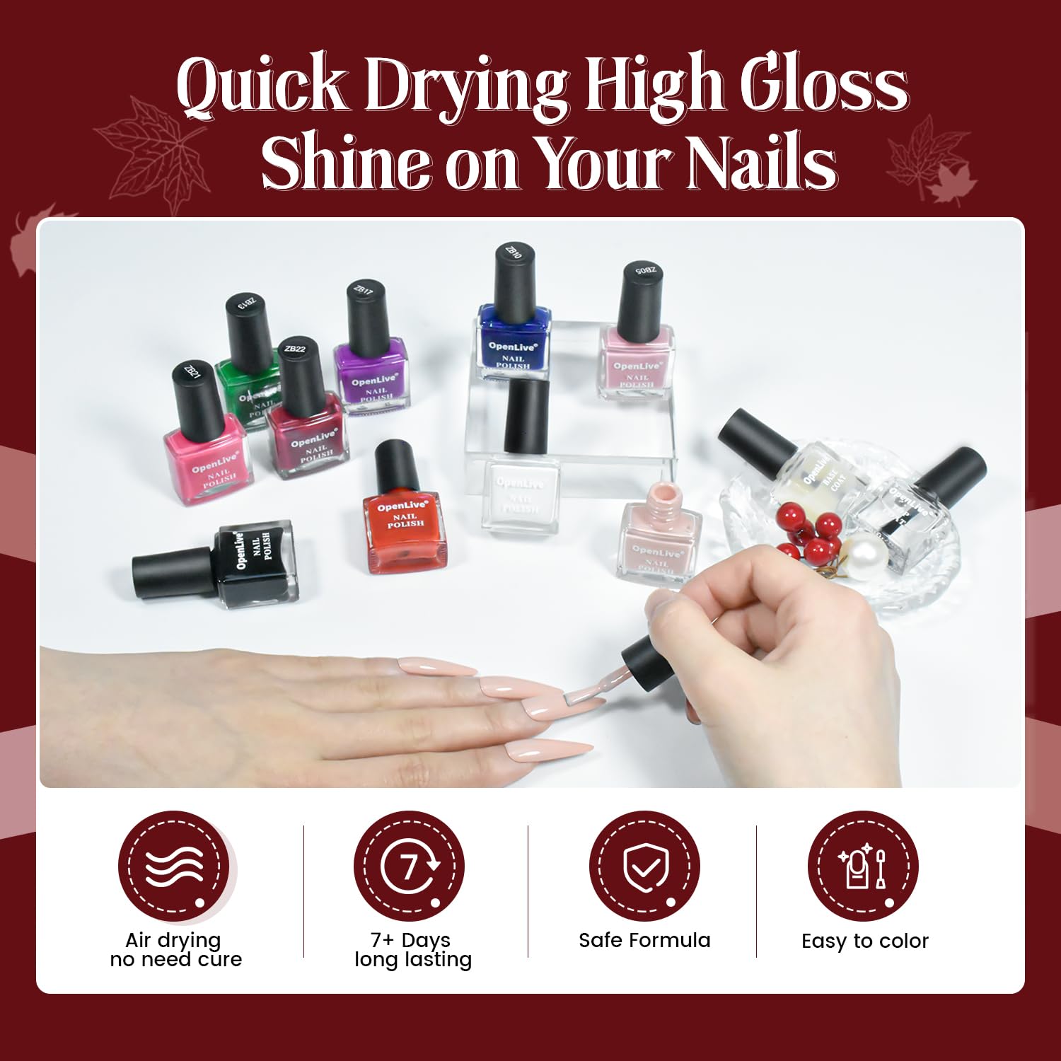 OpenLive set with base and top coat displayed to show complete manicure system benefit