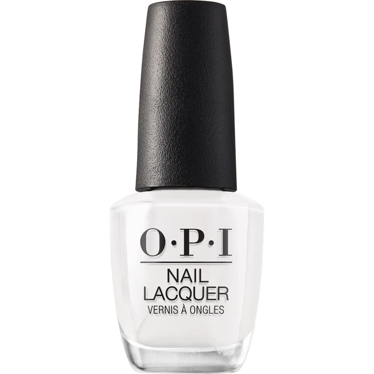OPI bottle front view showing Alpine Snow white polish and label benefit long-lasting color
