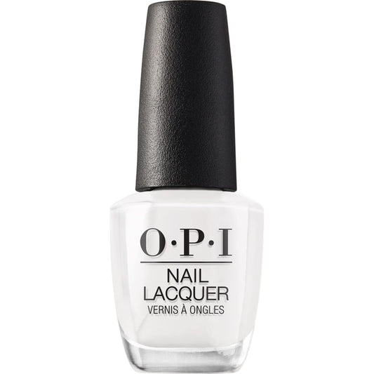 OPI bottle front view showing Alpine Snow white polish and label benefit long-lasting color