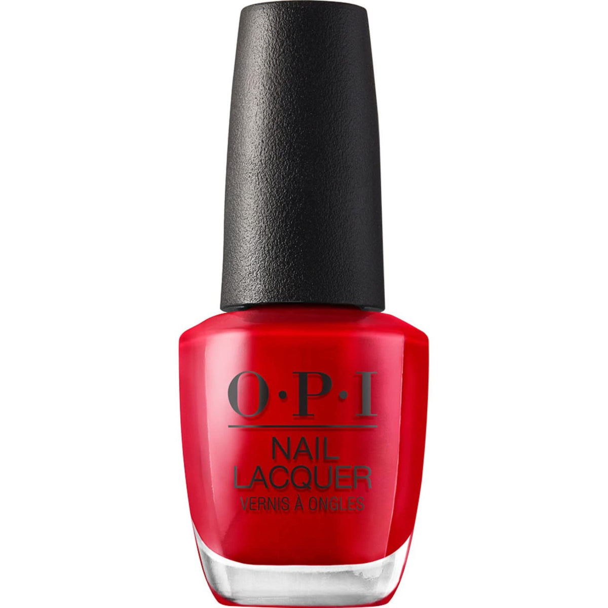 OPI bottle front view showing vibrant red color and glossy benefit