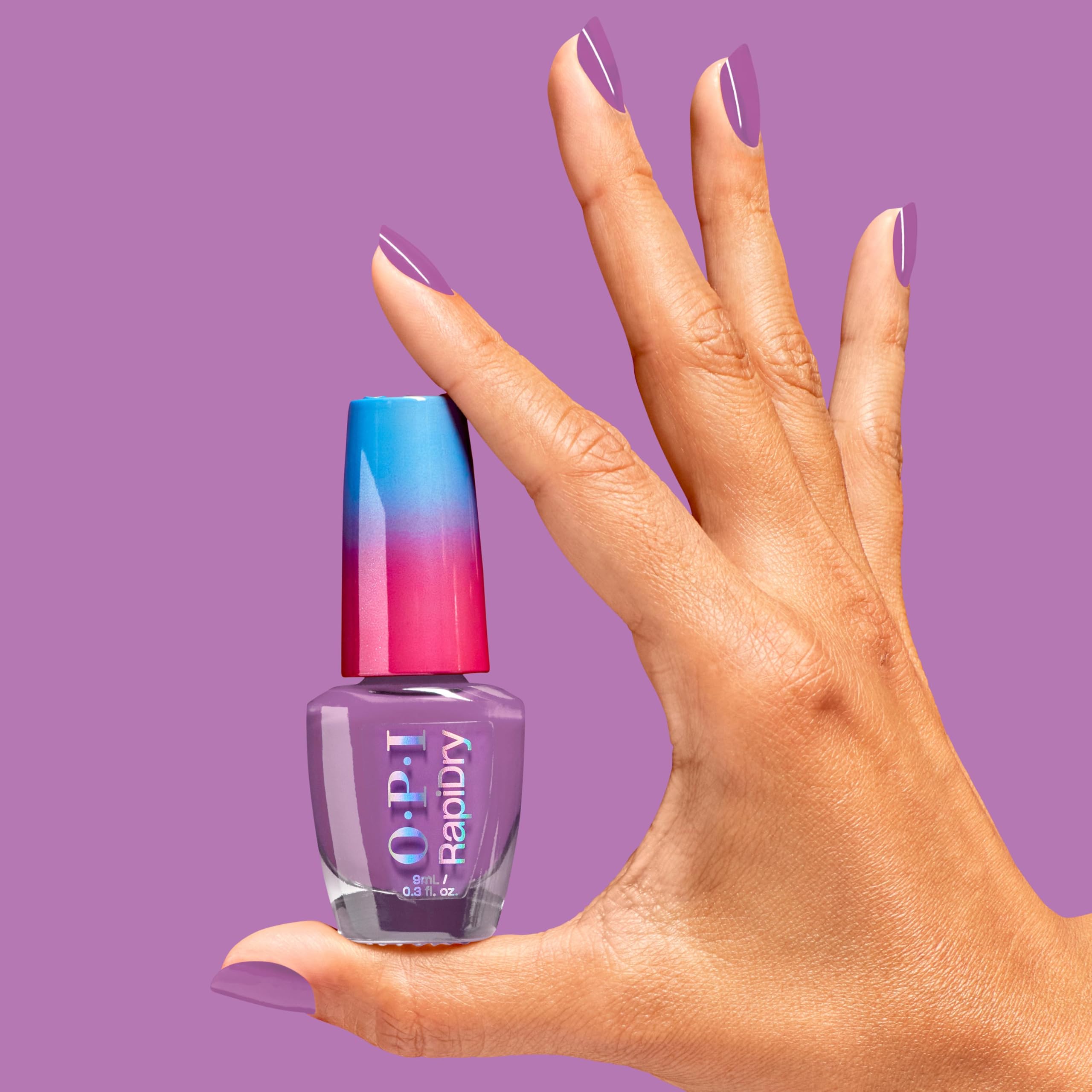 OPI Bright Back at It cap and bottle detail highlighting recycled materials and eco benefit