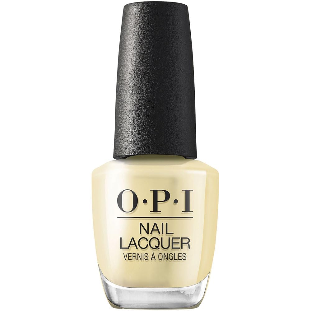 OPI bottle front view showing Buttafly soft yellow and brand polish benefits