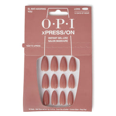 OPI front packaging showing tan almond press-on nails and kit benefits