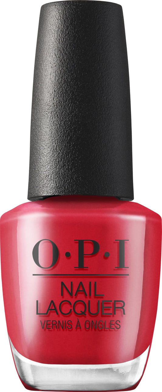 OPI bottle front view showing rich red lacquer and brand recognition