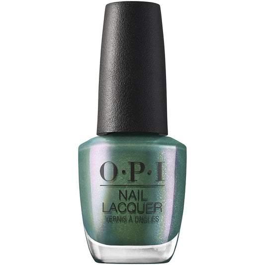 OPI bottle front view showing sage-green shimmer and glossy finish benefit