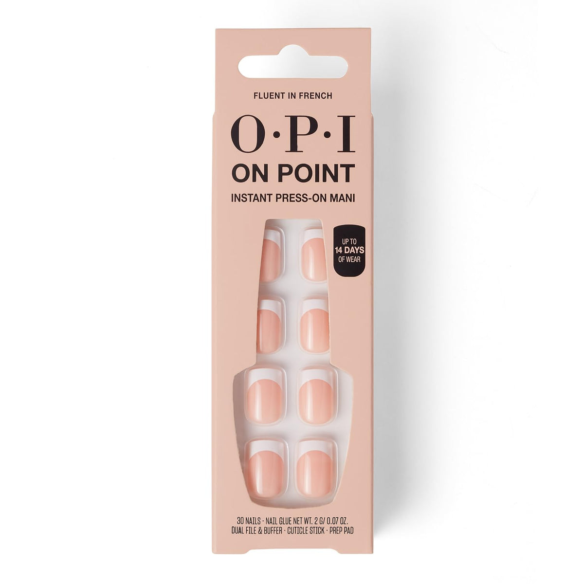OPI Fluent in French front packaging showing nude pink French tips and included glue for instant style