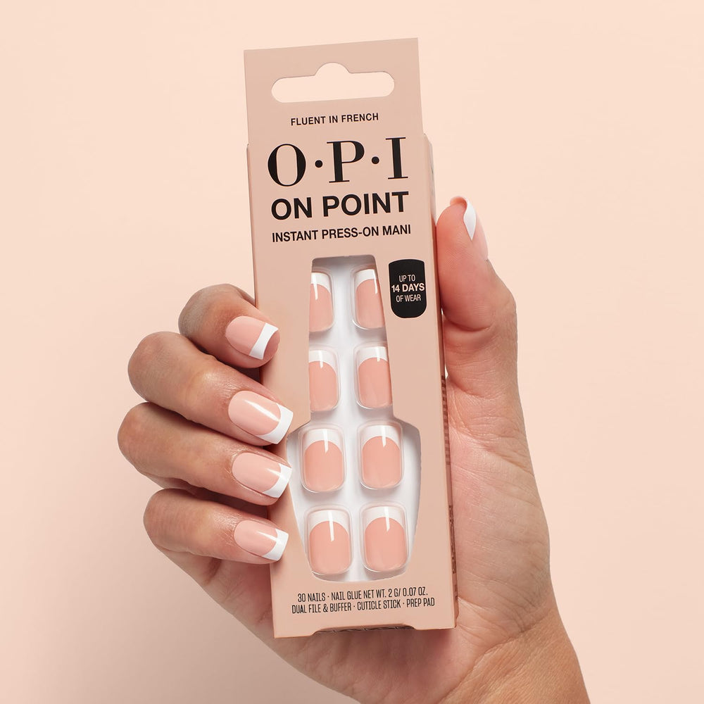 OPI Fluent in French size chart and tips demonstrating custom fit options and easy selection