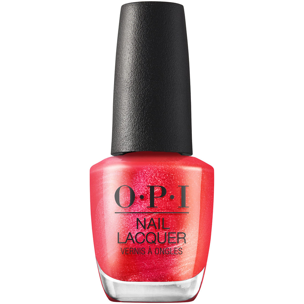 OPI bottle front view showing bright red shimmer and glossy finish
