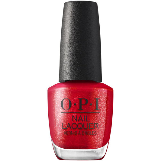 OPI bottle front view showing bright red shimmer and polished finish