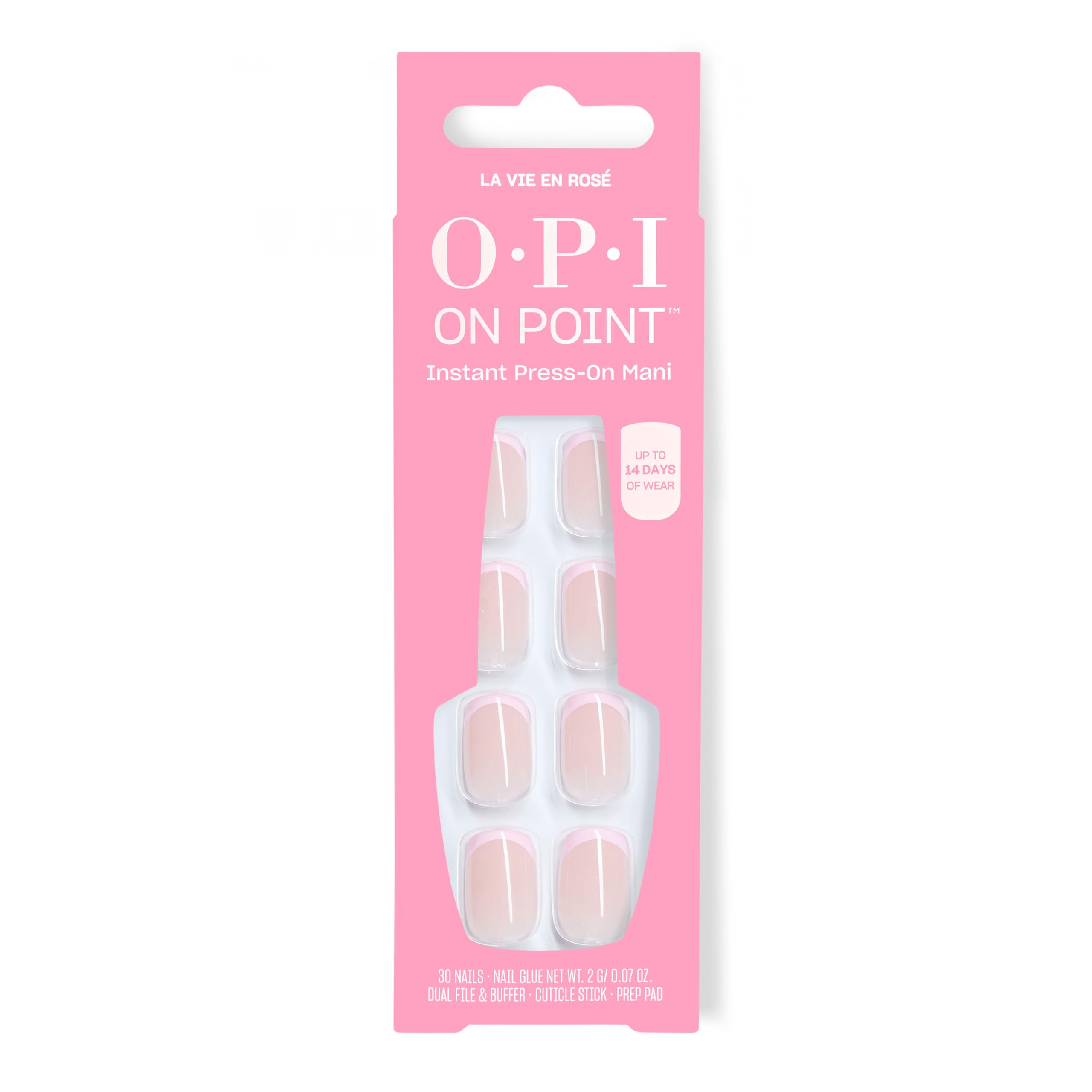 OPI La Vie en Rosé front packaging showing 30-count kit and glue benefit