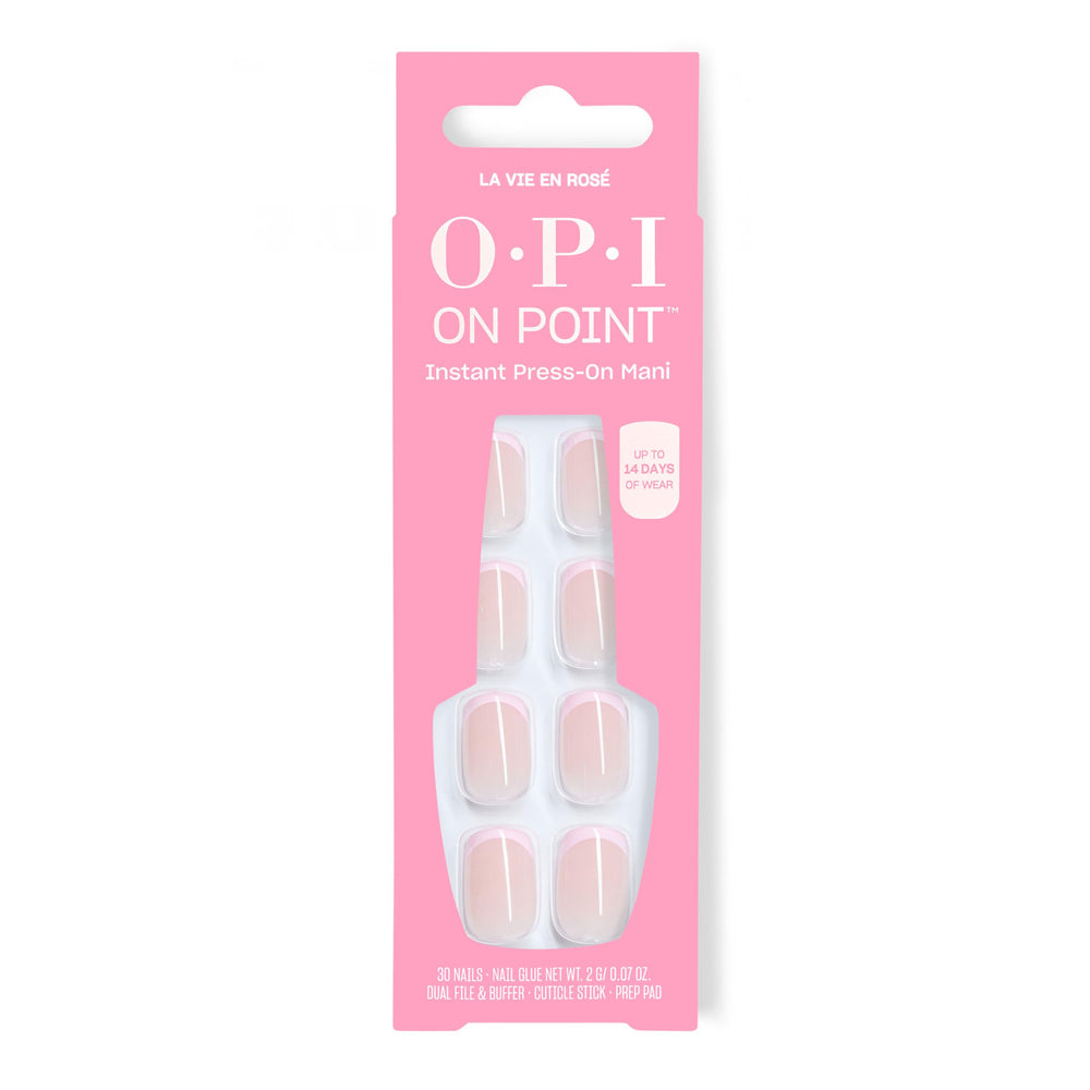 OPI La Vie en Rosé front packaging showing 30-count kit and glue benefit