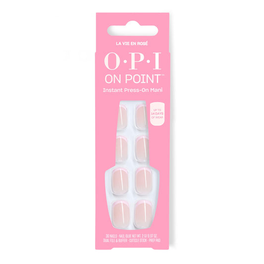 OPI La Vie en Rosé front packaging showing 30-count kit and glue benefit