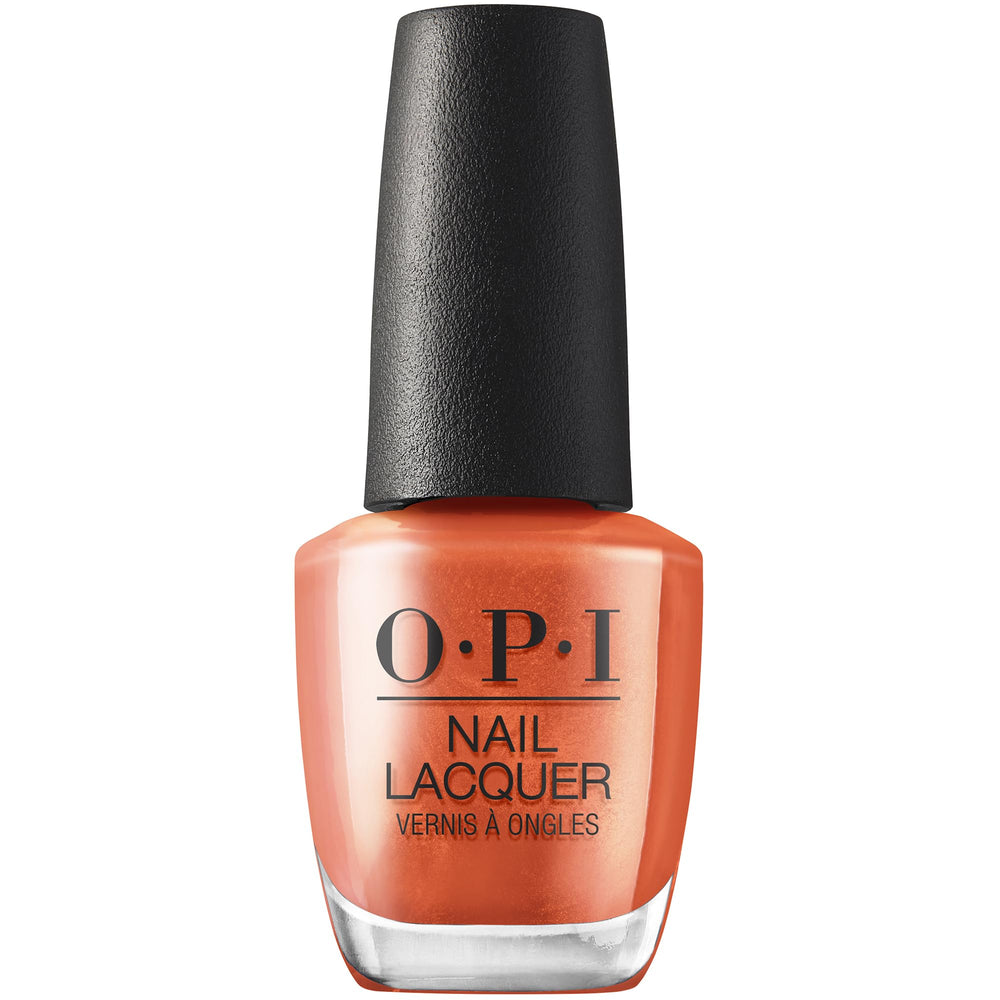 OPI Liquid Fire front bottle showing bold orange metallic color and brand