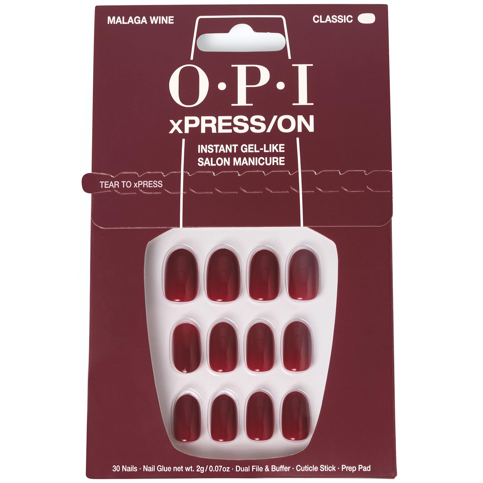 OPI front packaging showing Malaga Wine press-on set and included glue for instant polish