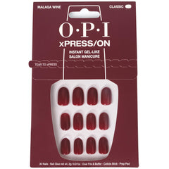 OPI front packaging showing Malaga Wine press-on set and included glue for instant polish