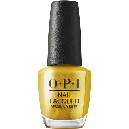 OPI bottle front view showing Metallic Rewind bright gold finish and brand logo benefit: clear color preview