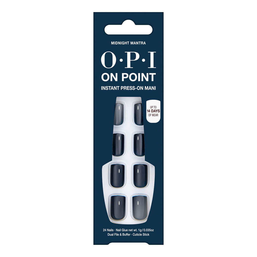 OPI Midnight Mantra front packaging showing navy tips and included glue benefit quick selection