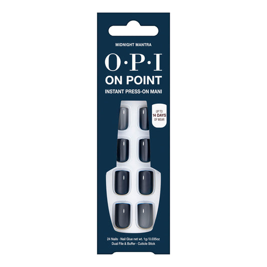 OPI Midnight Mantra front packaging showing navy tips and included glue benefit quick selection