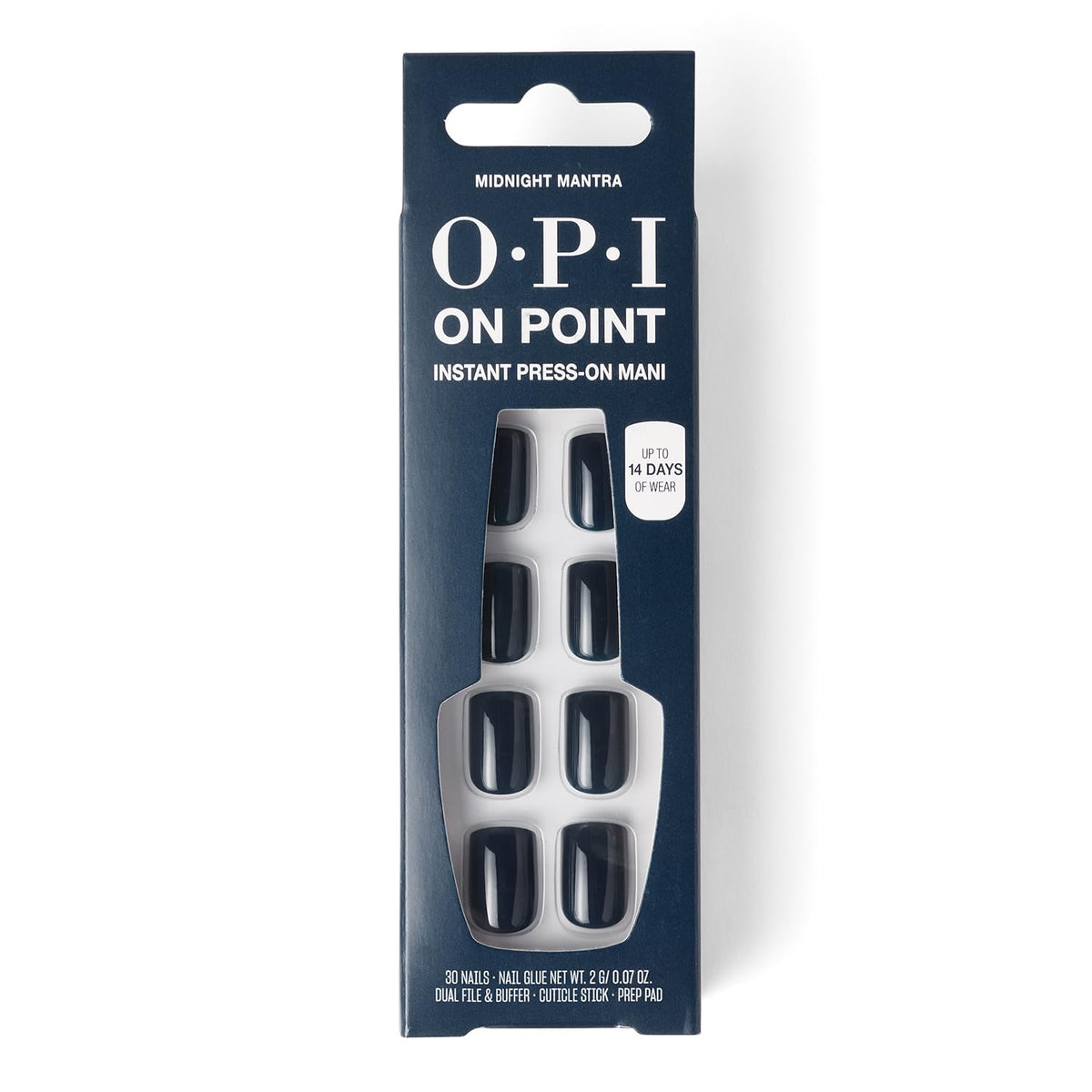 OPI Midnight Mantra front view showing navy squoval nails and salon finish benefit