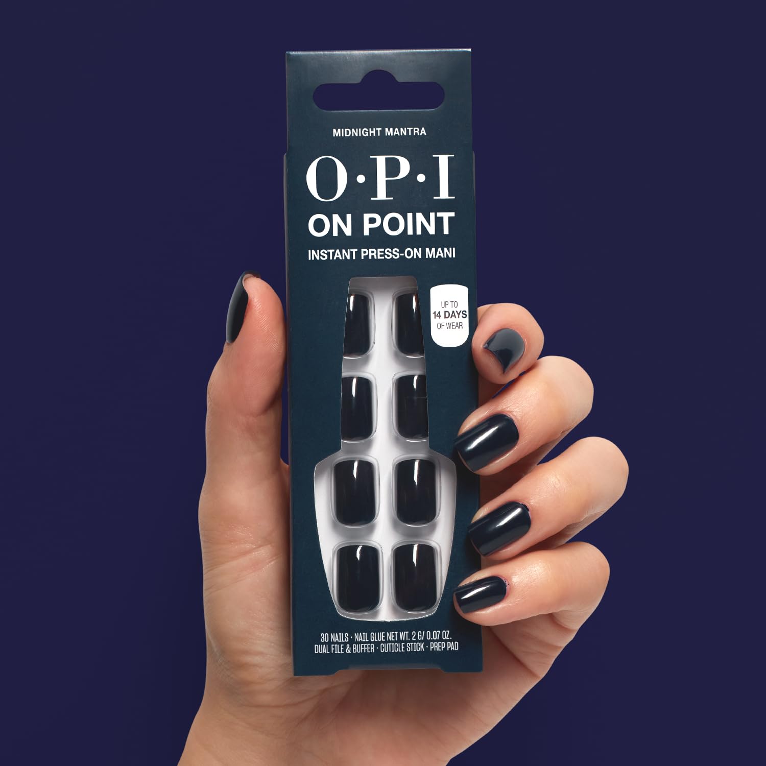 OPI Midnight Mantra worn on hands in lifestyle scene for polished everyday look