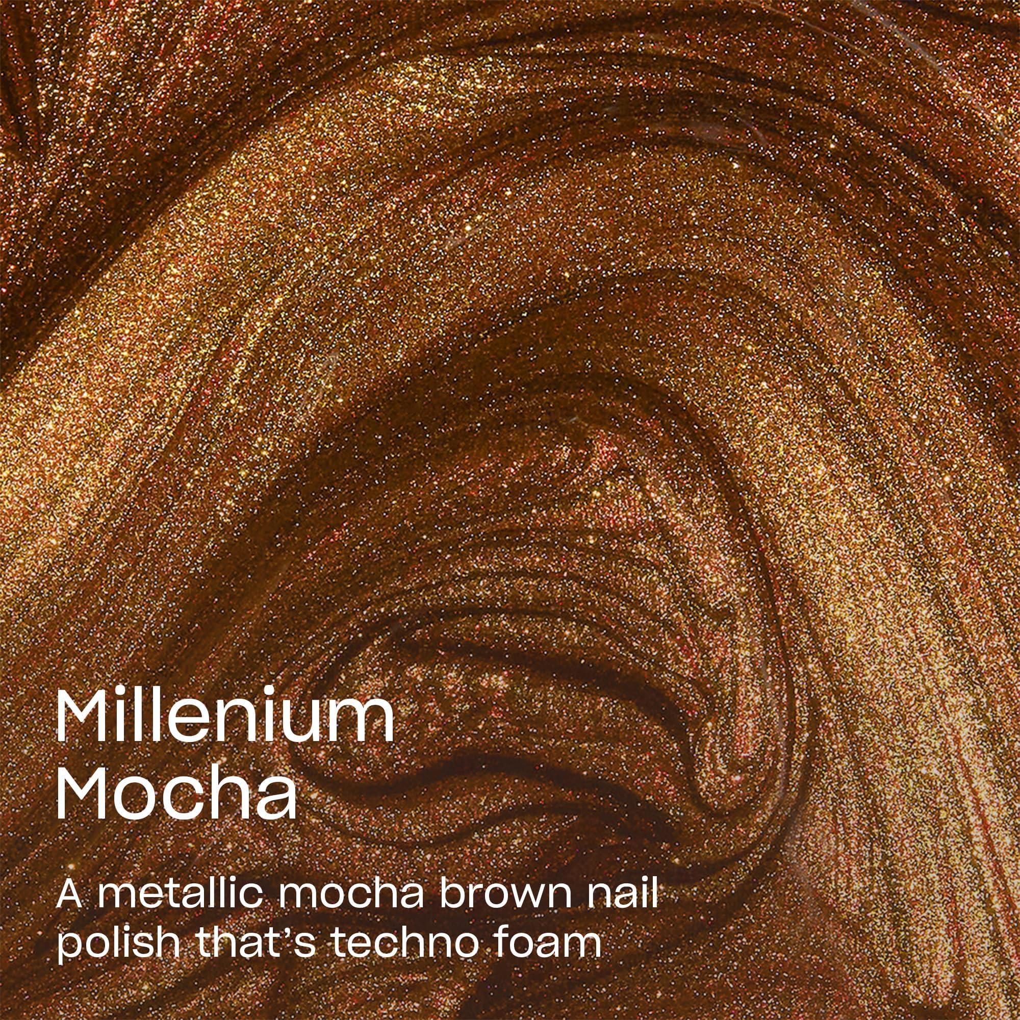 OPI Millennium Mocha swatch on hand illustrating opaque finish and glossy shine benefit