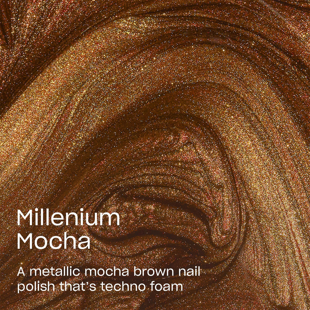 OPI Millennium Mocha swatch on hand illustrating opaque finish and glossy shine benefit
