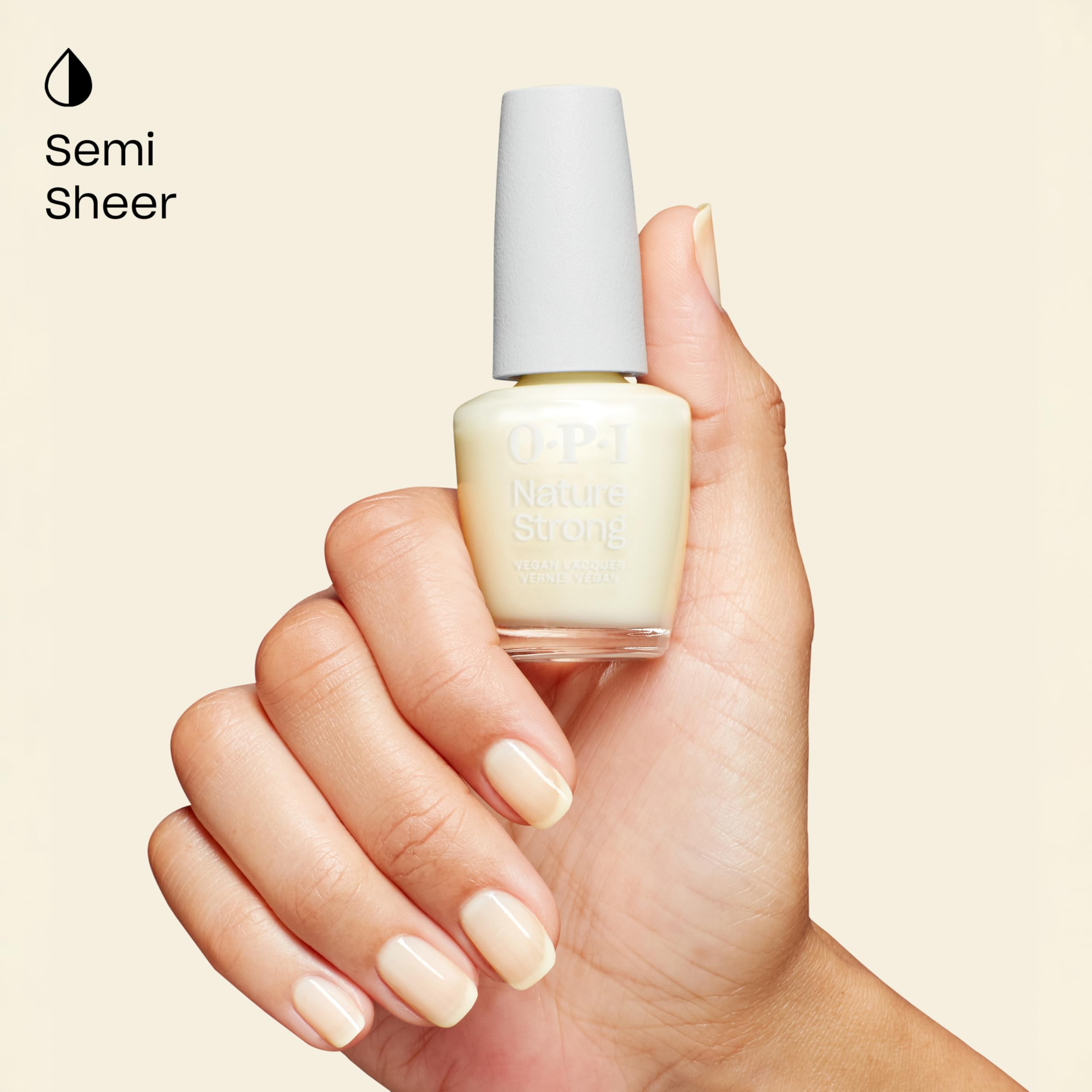 Two OPI Nature Strong bottles for size comparison showing recycled packaging benefit