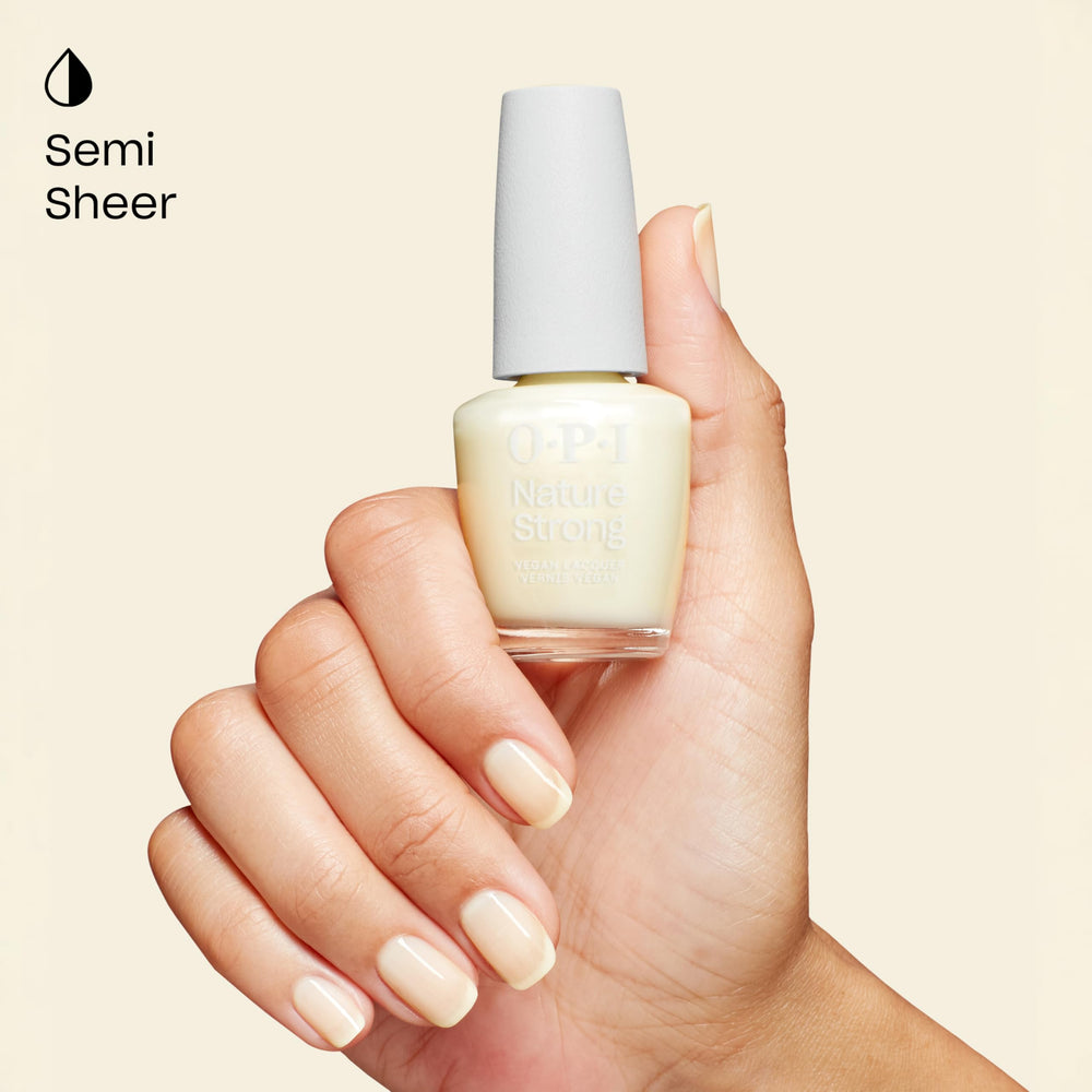 Two OPI Nature Strong bottles for size comparison showing recycled packaging benefit