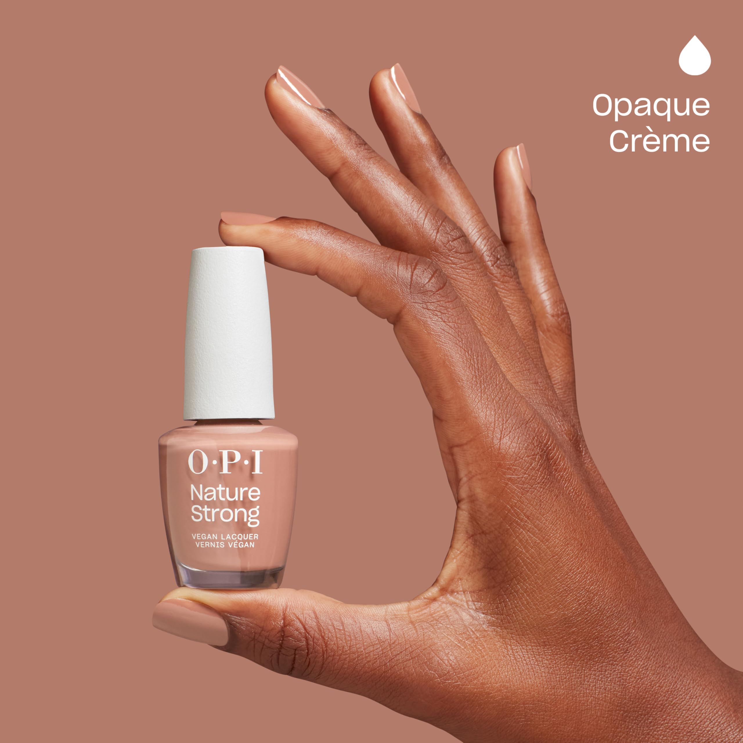 OPI flat-lay styling with bottle and natural elements to suggest sustainable beauty benefit