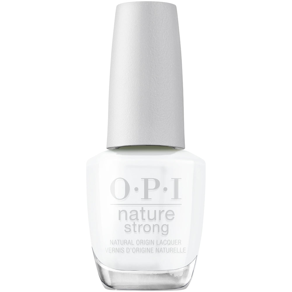 OPI bottle front view showing bright white crème and sustainable design benefit