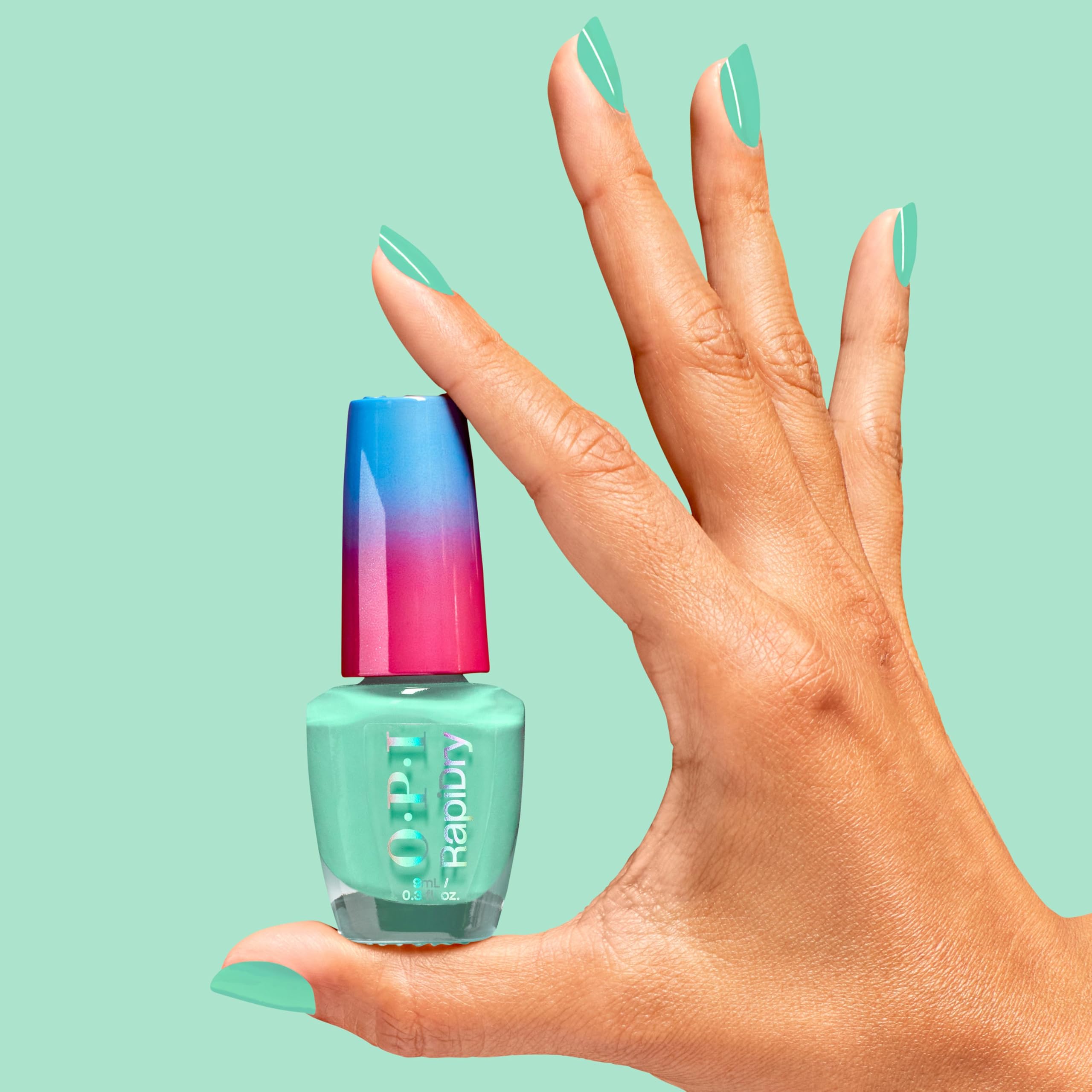 OPI bottle held in hand showing true size and portable, travel-friendly benefit