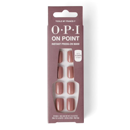 OPI On Point front packaging showing mauve beige tips and included glue, stylish immediate manicure