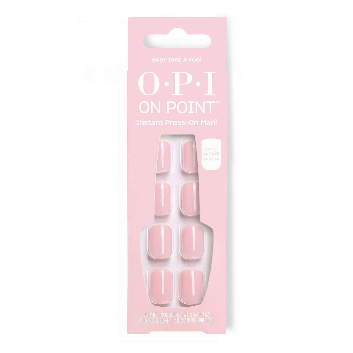 OPI front packaging showing Baby Take a Vow and included glue for quick salon results