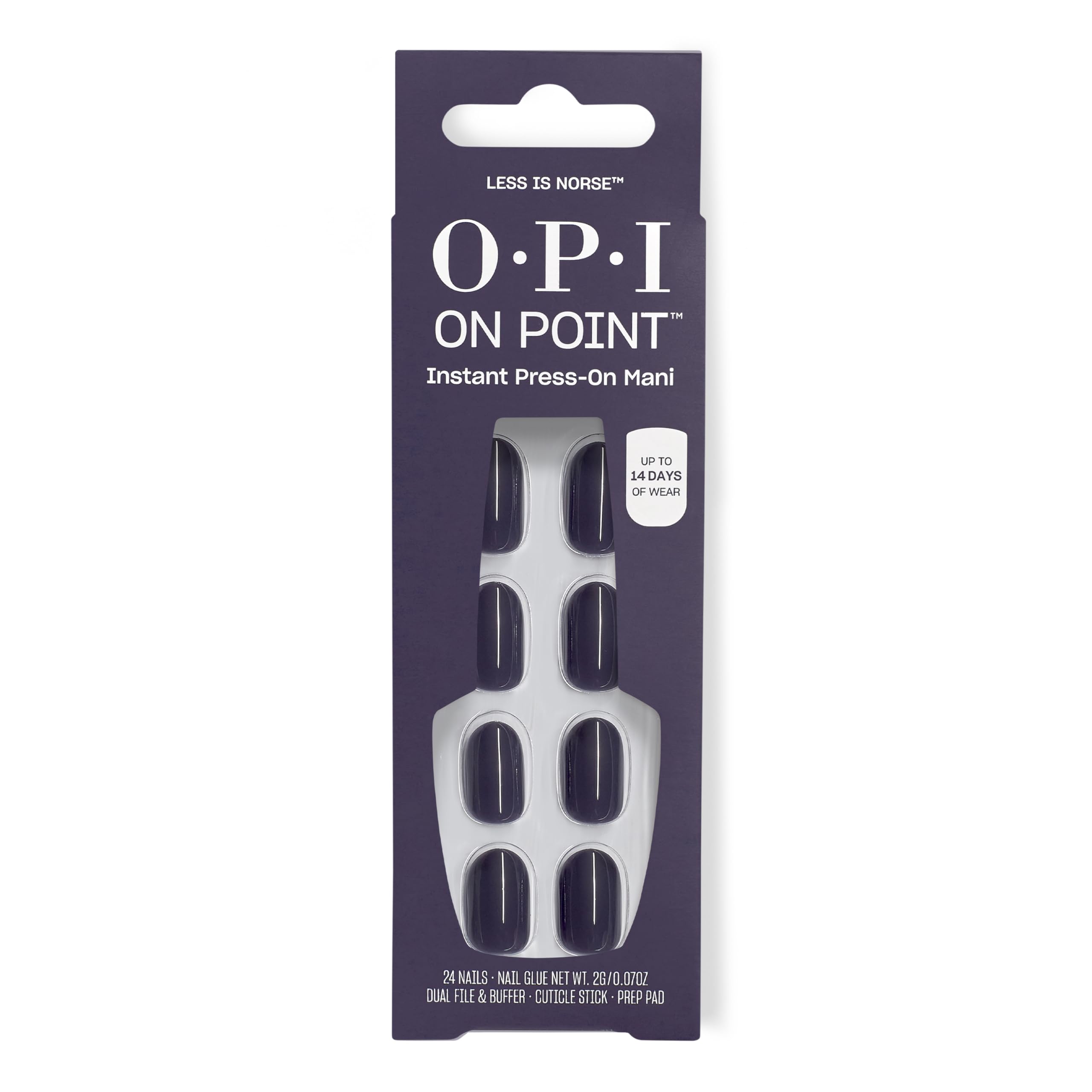 OPI less is norse front packaging showing slate-blue press-on nails and glue for easy application