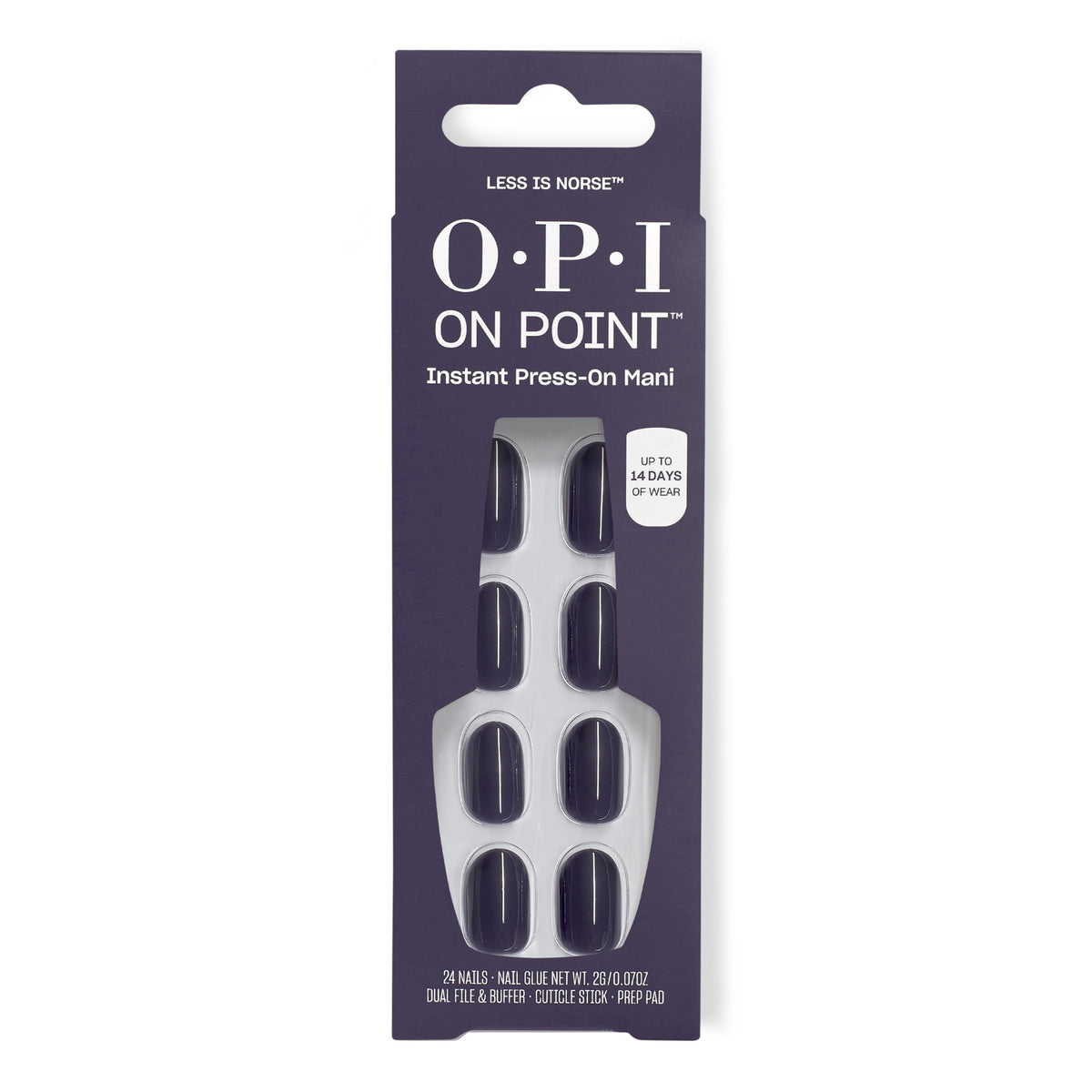 OPI less is norse front packaging showing slate-blue press-on nails and glue for easy application