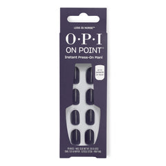 OPI less is norse front packaging showing slate-blue press-on nails and glue for easy application